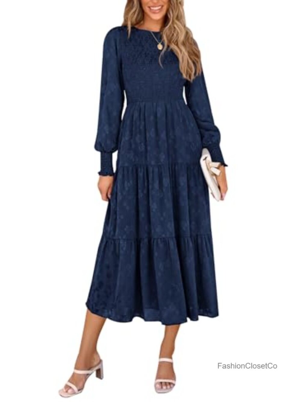 Womens Midi Dress Long Sleeve Fit and Flare Puff Sleeve Wedding Guest